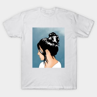 Messy Bun with Blue Background T-Shirt